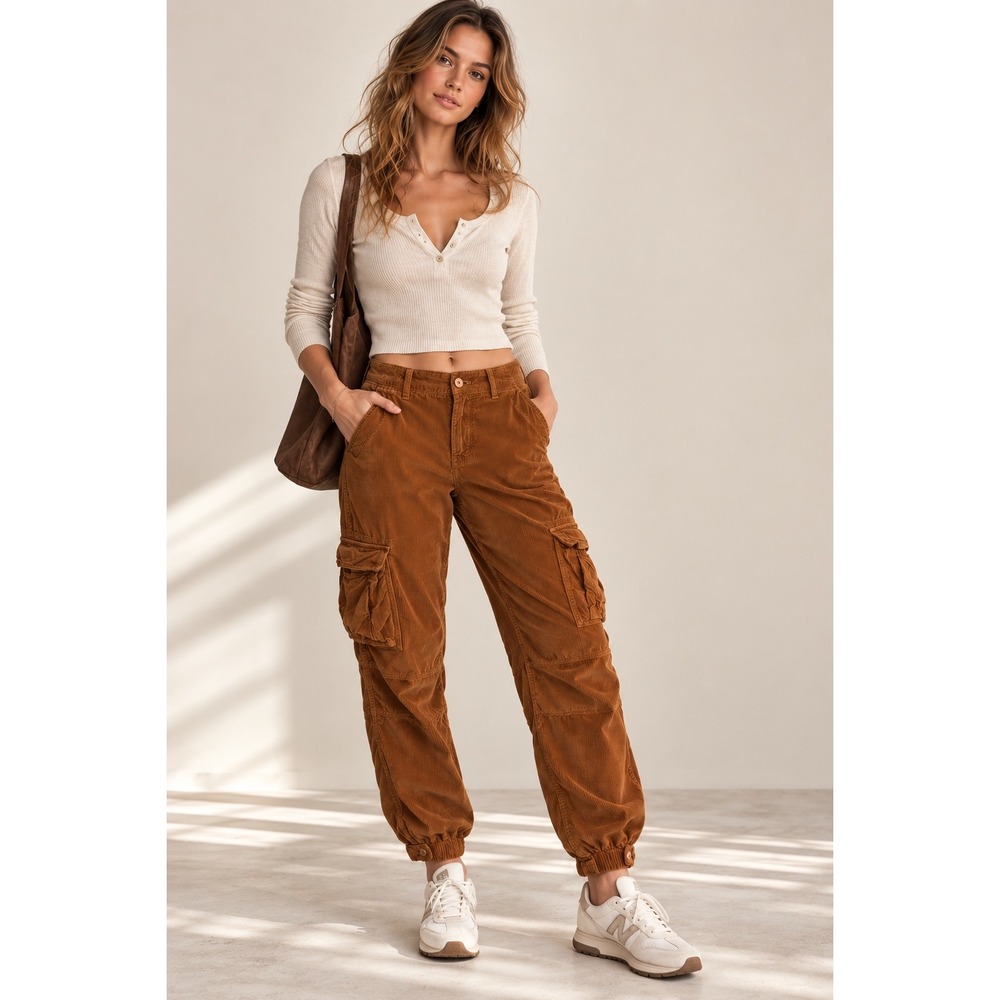 American Eagle Corduroy Cargo Joggers Brown High Waisted Utility Pants 4 Short
